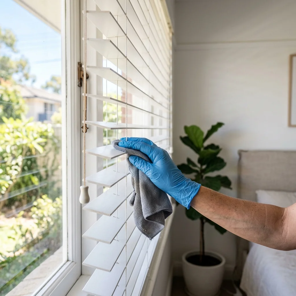 Venetian blinds being professionally cleaned in a Perth home