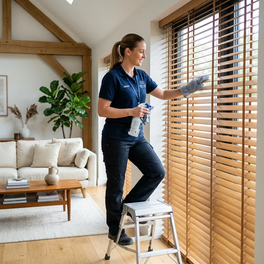 Professional blind cleaning technician cleaning Venetian blinds on-site in Sydney